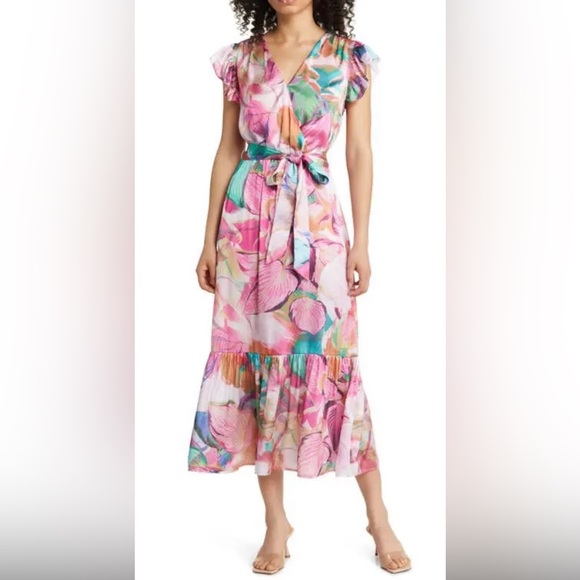 Dresses & Skirts - Sam Edelman Colorburst Leaf Print Faux Wrap Midi Dress